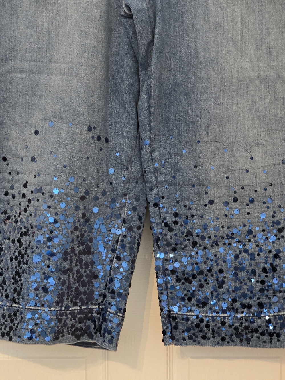 Women’s Blue Denim Capri Jeans with Sequin Ombre - Picture 2 of 7